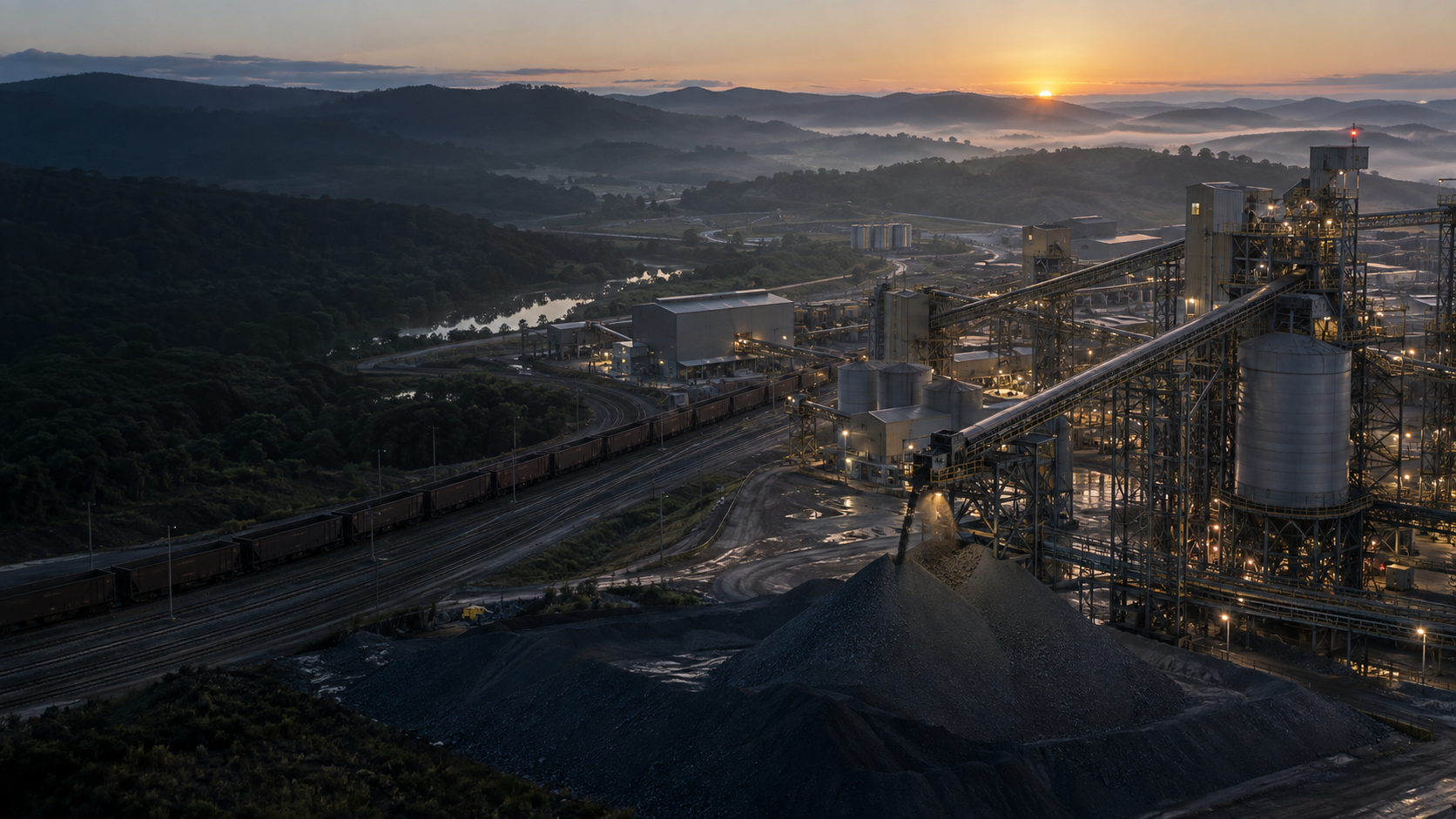Instalação industrial de processamento mineral em uma paisagem brasileira